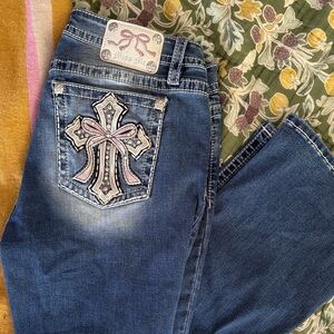 Miss Me Women's Blue Jeans with Pink Bow Embroidered Cross